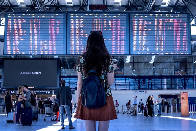 woman airport flight boarding