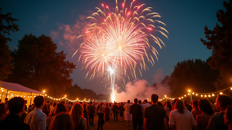 Wide angle view of a fireworks display over a wedding reception