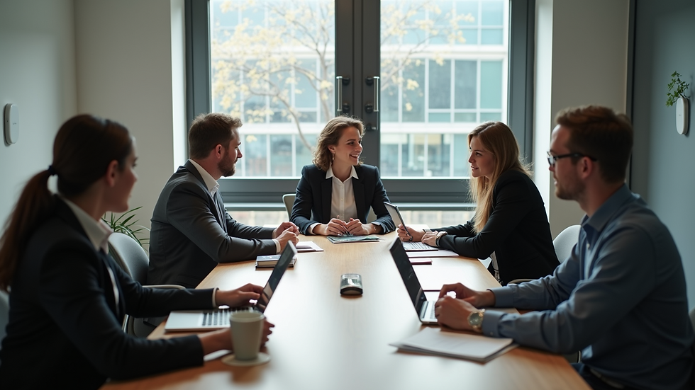 High angle view of a meeting room with marketing team discussing strategy