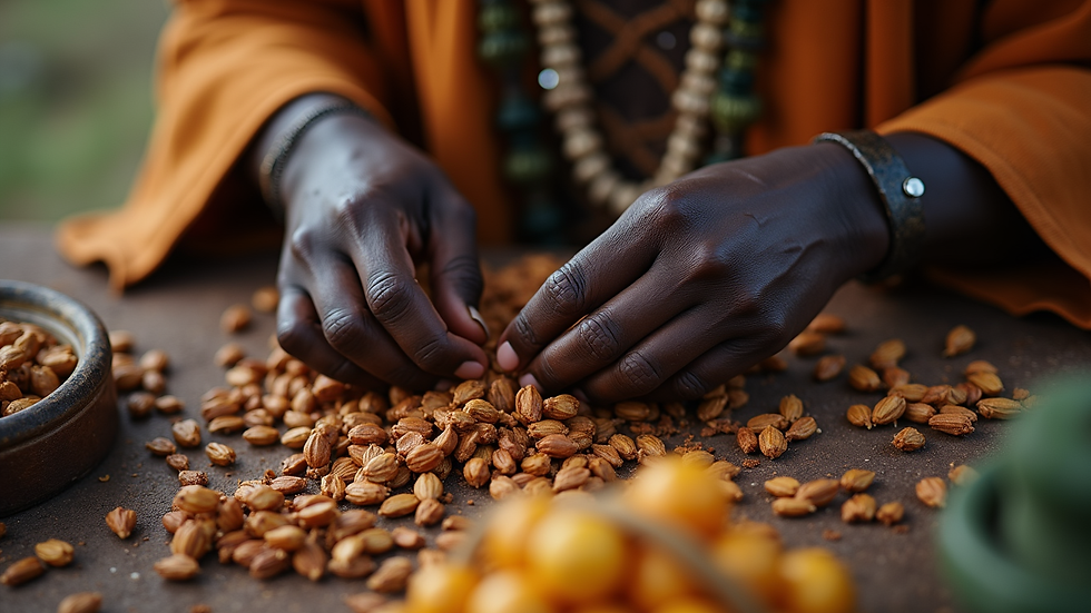 High angle view of traditional African spiritual healer preparing ritual items