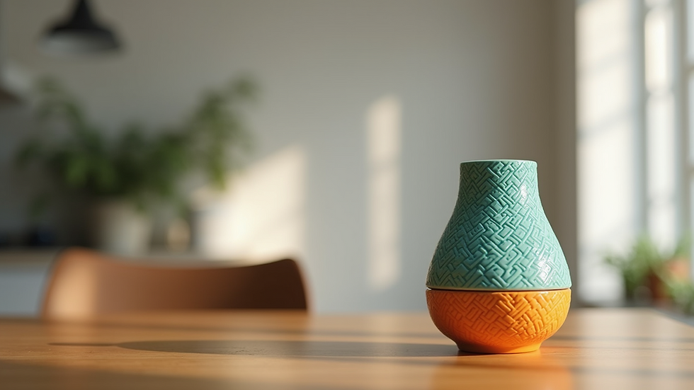 Eye-level view of a colorful 3D printed vase on a wooden table