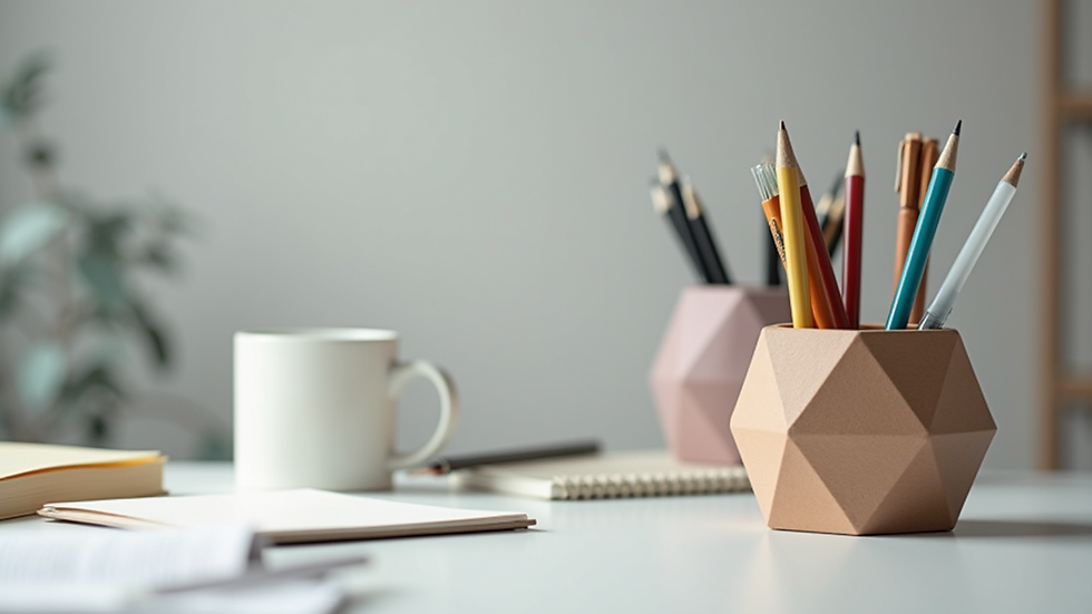 Eye-level view of a 3D printed geometric desk organizer with pens and stationery