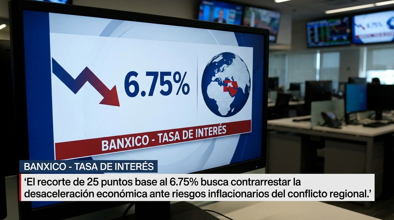 Banxico recorta tasa de interés a 6.75% por tensiones en Oriente Medio
