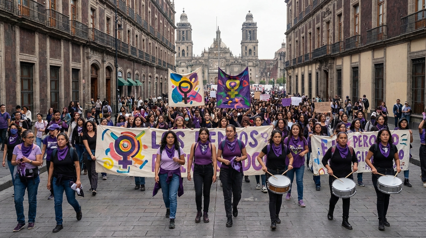 Inicia marcha del 8M hacia el Zócalo de CDMX con contingente mixto en apoyo a mujeres