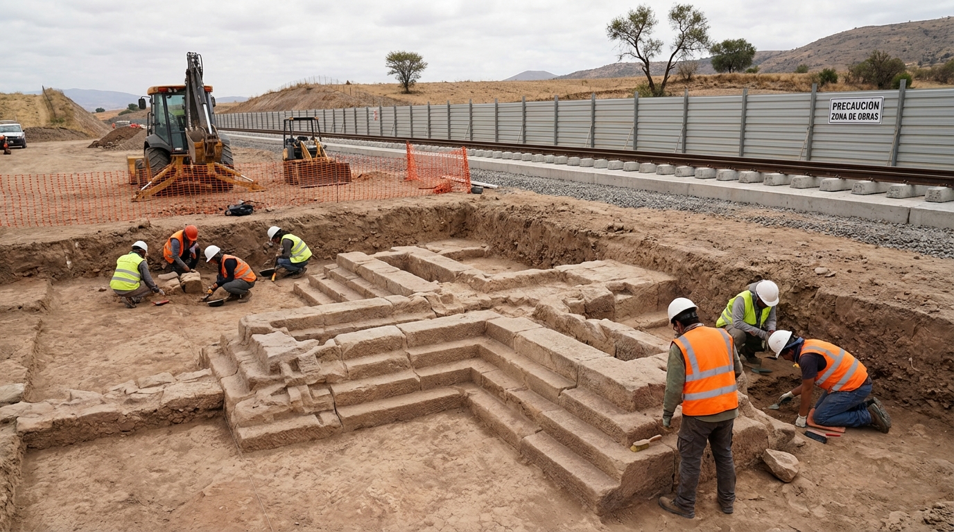 Descubren bases prehispánicas en excavaciones del Tren México-Querétaro