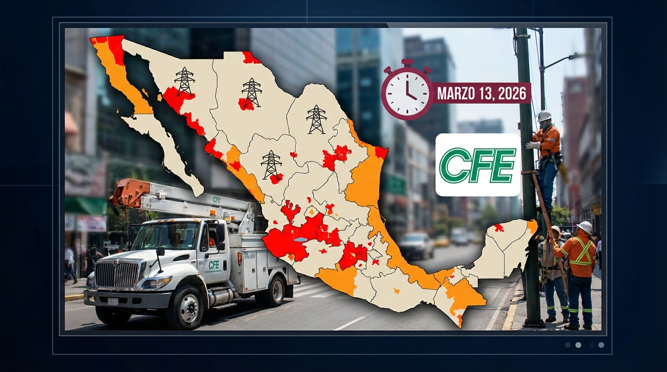 CFE anuncia apagón masivo el 13 de marzo de 2026 en colonias y municipios de México