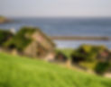 Typical Nordic landscape, with lots of grass, a small house and the sea.
