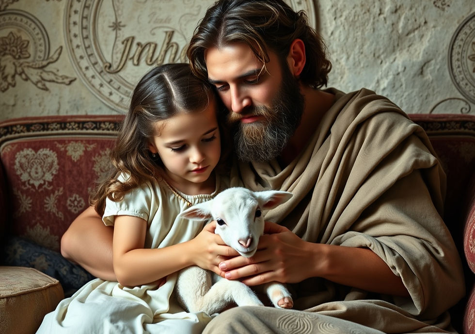 a man and his young daughter in ancient roman times sitting on a couch with his young daug
