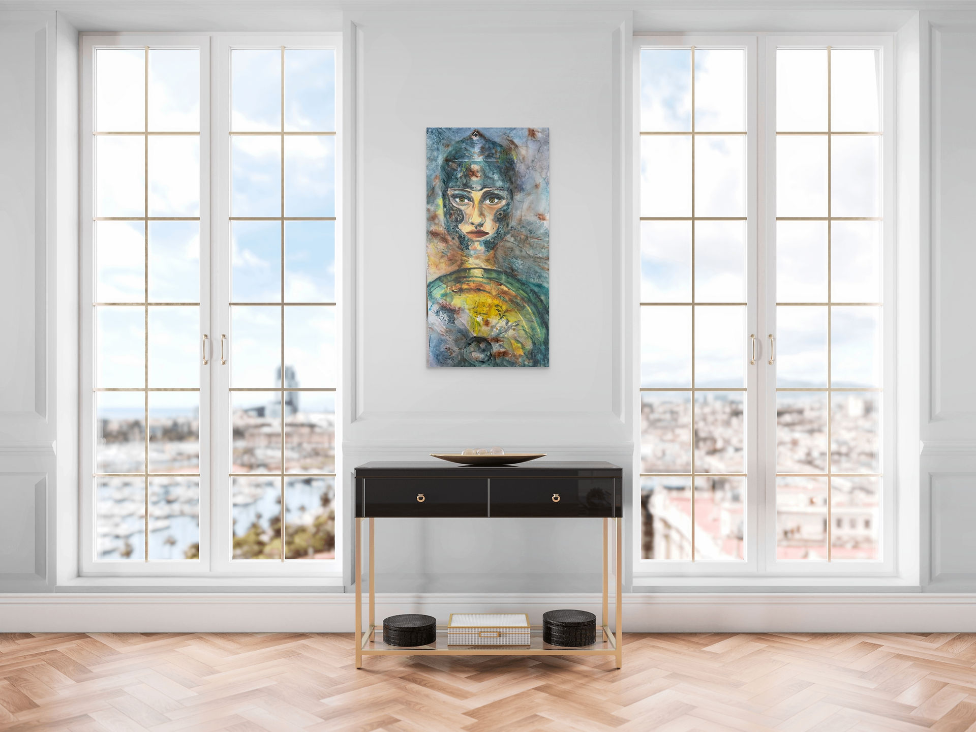 Contemporary Christian fine art painting of a woman wearing Biblical Christian armour