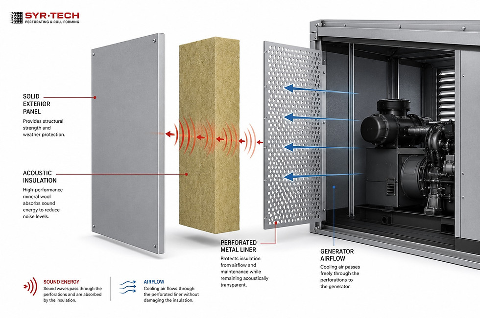 Diagram showing how perforated metal acoustic liner systems reduce noise while allowing airflow inside generator enclosures.