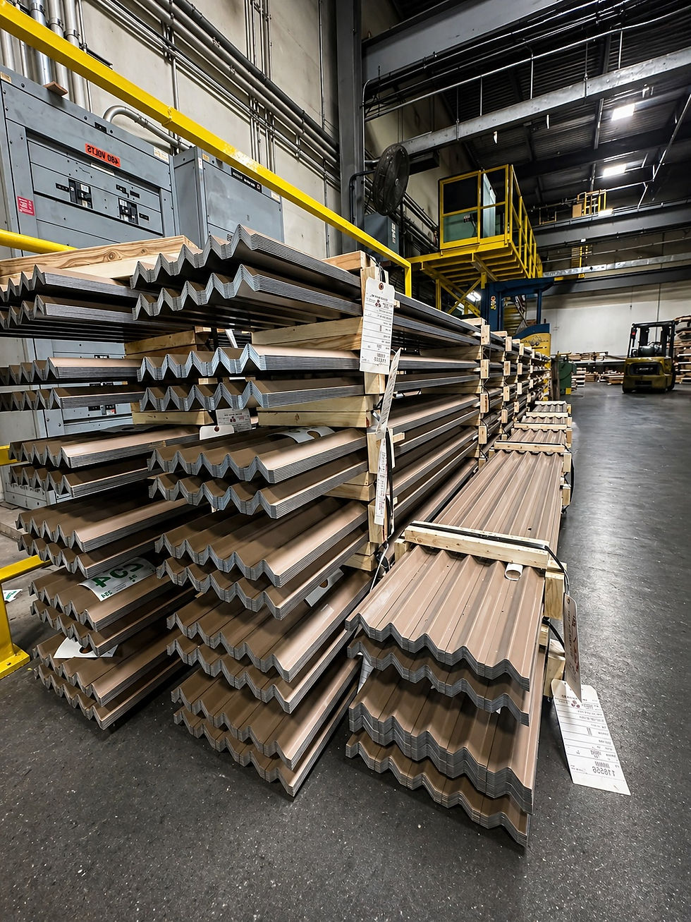 custom roll formed steel profiles stacked for repeat production at Syr-Tech facility