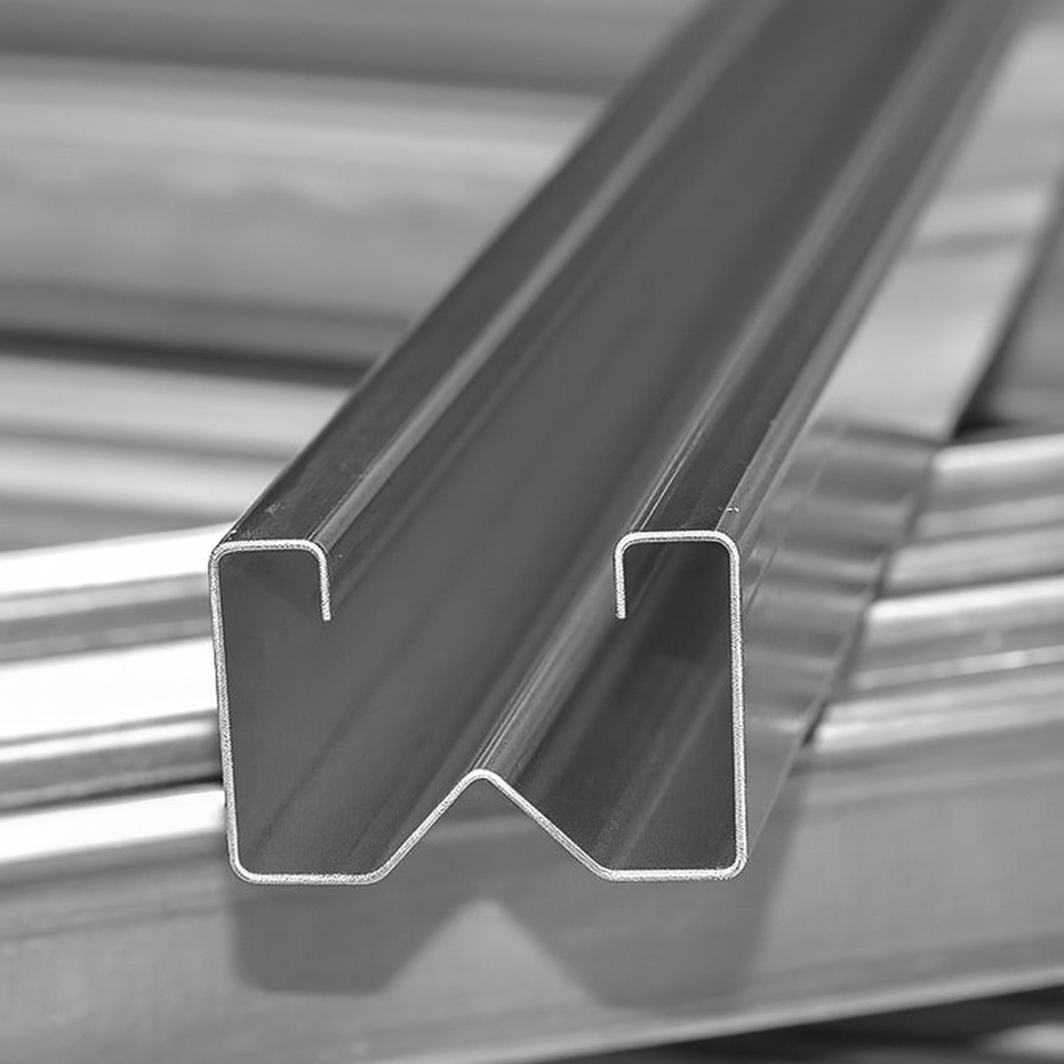 Finished roll formed metal profiles stacked and secured for shipment