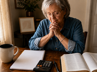 Mujer adulta mayor revisando sus gastos junto a una Biblia abierta mientras reflexiona sobre una decisión financiera importante.