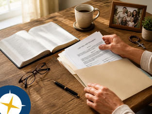 Hands organizing important family and estate planning documents beside an open Bible