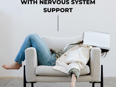 Person slumped on couch with notebook on face, holding pencil over coffee cup. Text above: From Burnt Out to Balanced. Website link below.