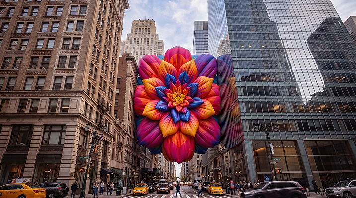 Firefly_A gigantic inflatable flower-shaped balloon is wedged tightly between two towering