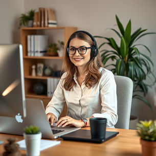 woman sitting at a desk with a laptop and desktop