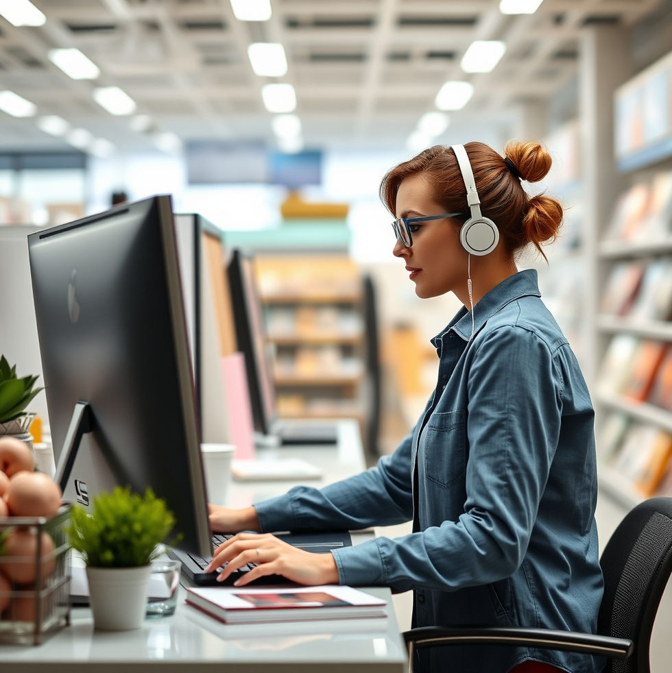woman in a library using a computer with headphones