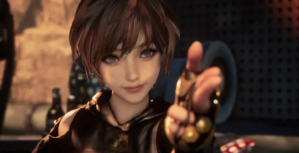 Close-up of Eve, the protagonist of Stellar Blade, poised and ready in a dark sci-fi environment.