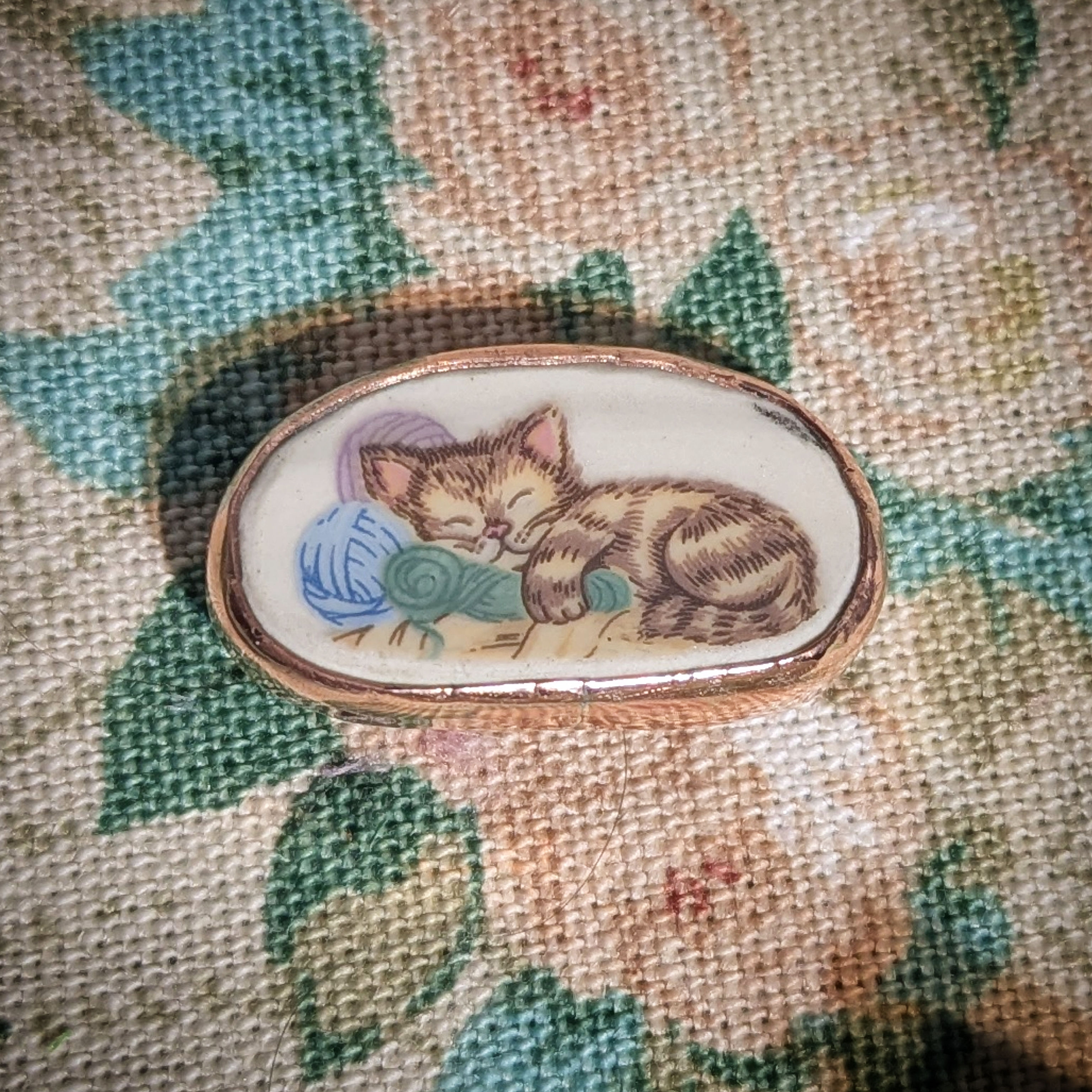 Cuddly kitten reclaimed china pin - copper and stainless steel