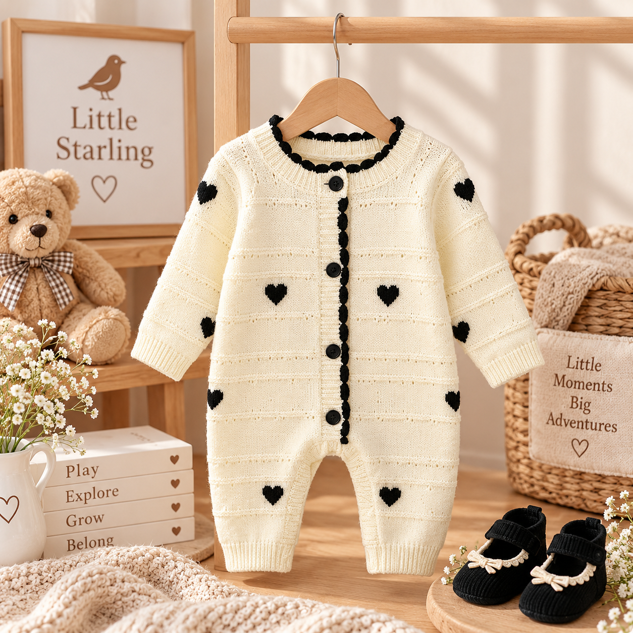 Little Heart Baby Cotton Romper in Ivory Hearts