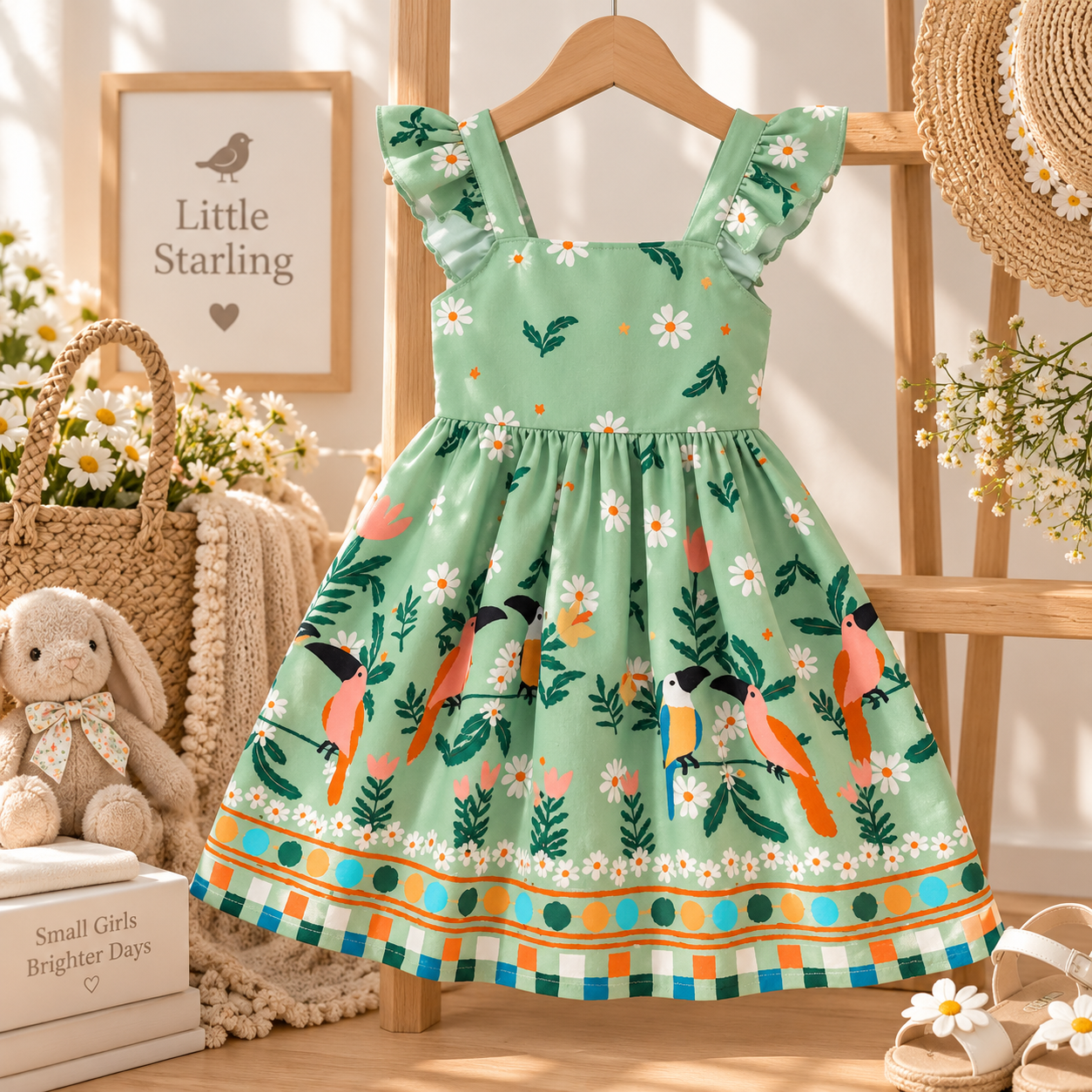 Little Fern girls floral summer dress in Fern Green