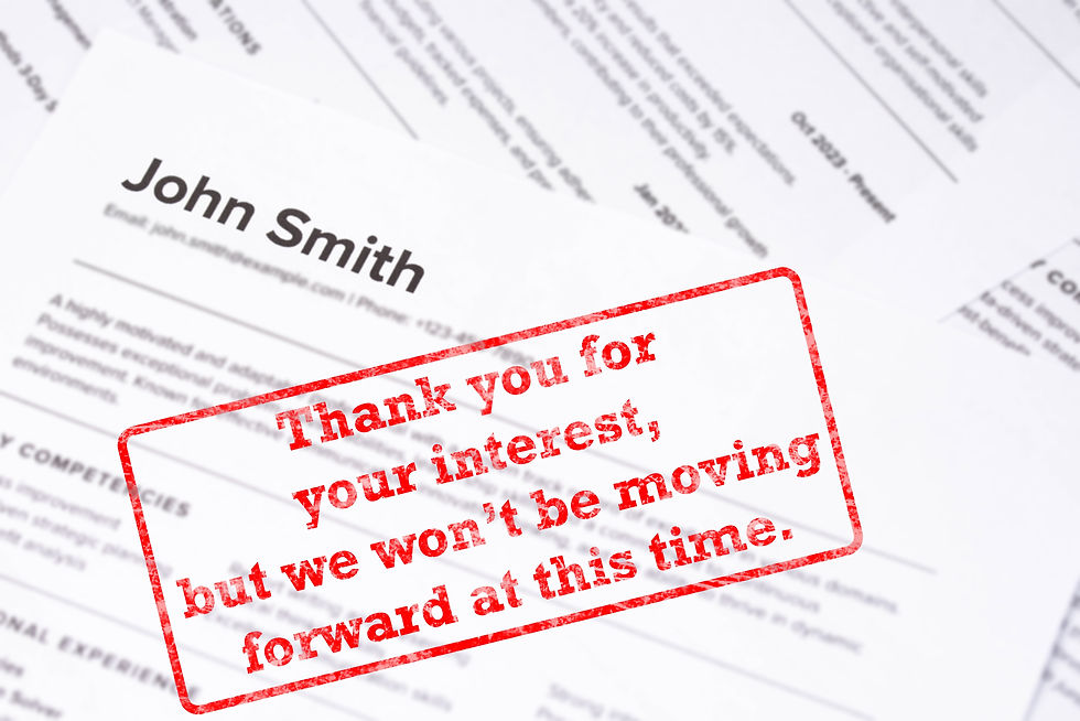 Rejected resume with a stamp saying "Thank you for your interest, but we won't be moving forward at this time."