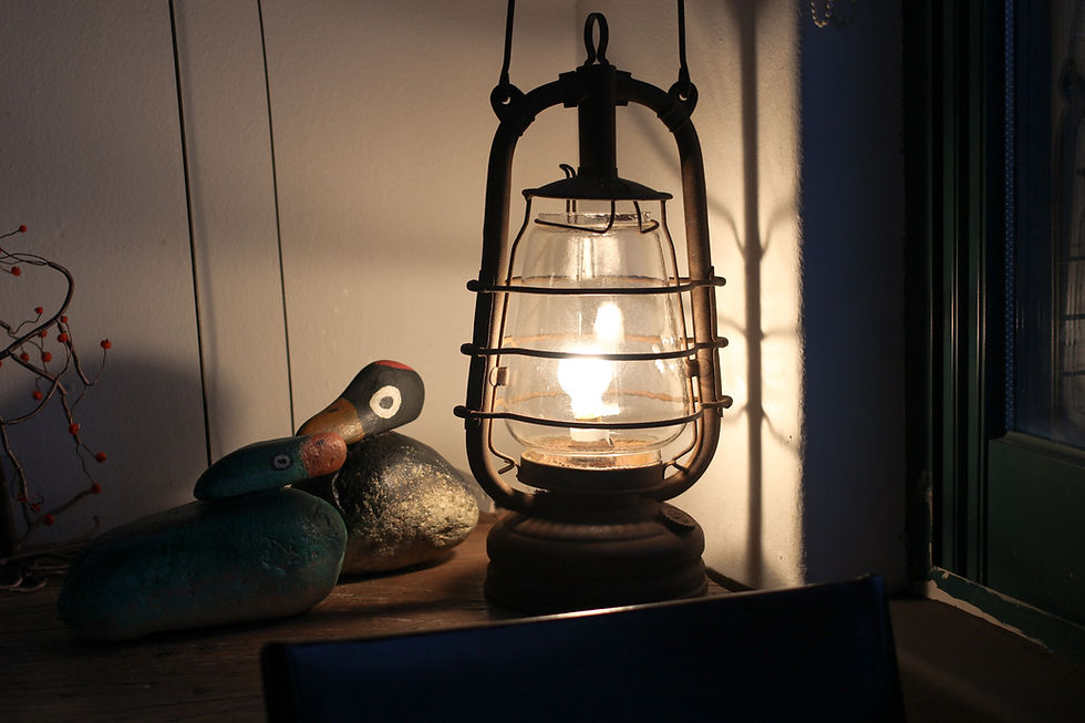 An image of an old-fashioned coal oil or gas lamp sitting on a table beside two small wooden duck carvings at nighttime.