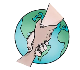An color graphic of two hands joined at the wrist in front of an image of the planet earth. A symbol of humanitarianism..