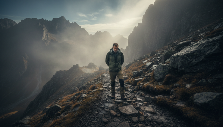 Wide-angle view of a person walking steadily up a mountain trail after rainfall.