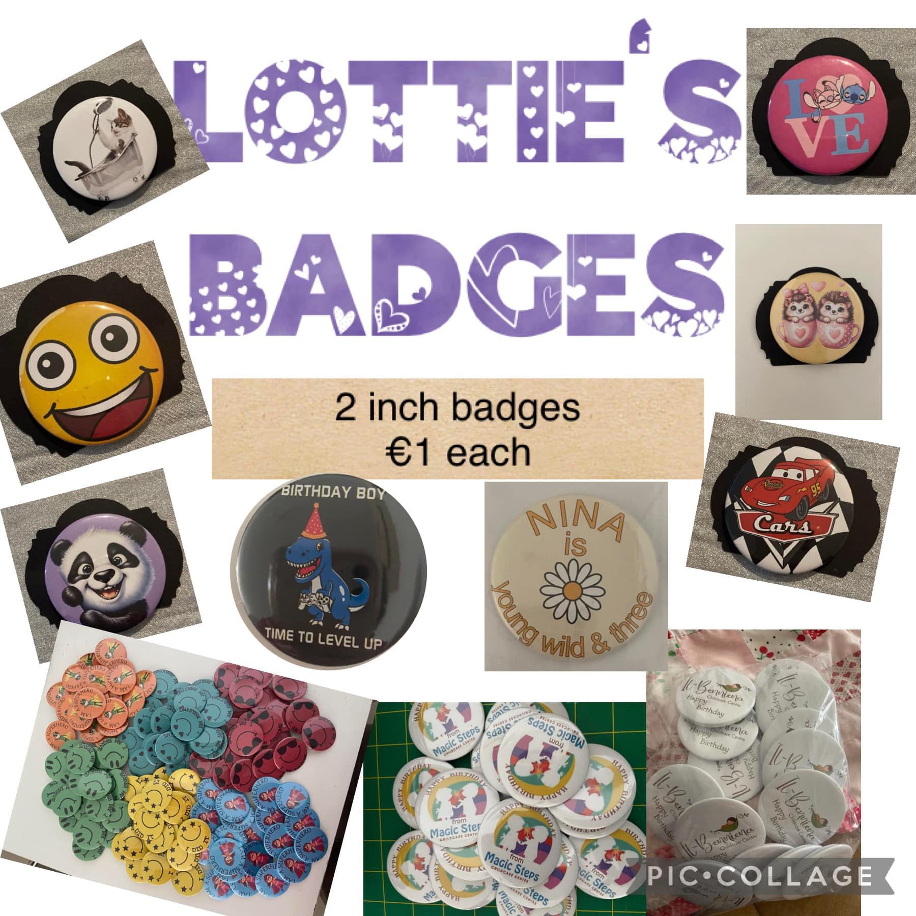 Badges €1 photo magnets €2.20