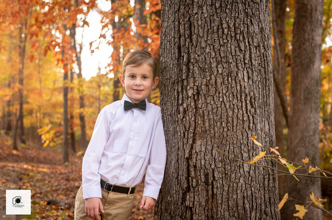A young boy wearing a bow tie and white dress shirt leans against a tree with colorful autumn leaves in the background.