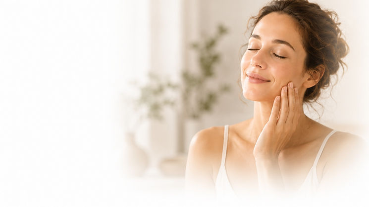 Entspannte Frau mit gepflegter Haut als helles, cleanes Bild für CBD Gesichtspflege, natürliche Hautpflege und Anti-Aging von Unser Kraut.