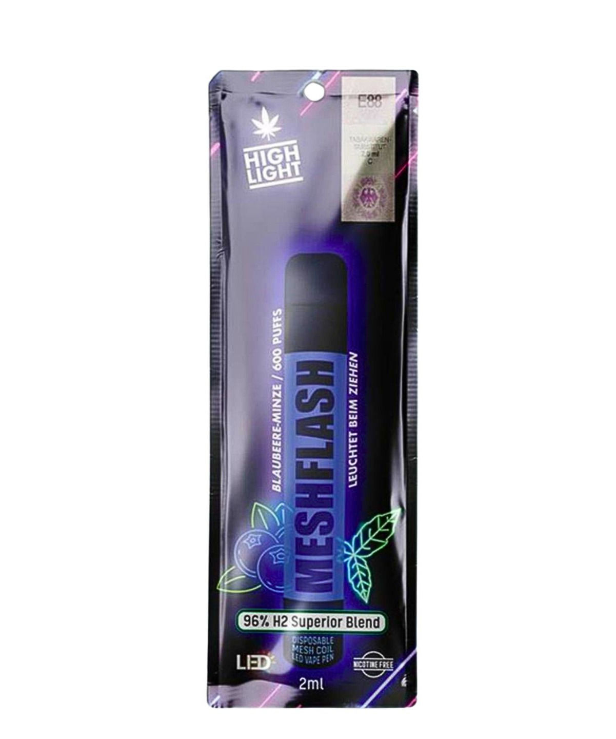 Vapes Mesh Flash Blaubeere-Minze in Verpackung. Unser Kraut