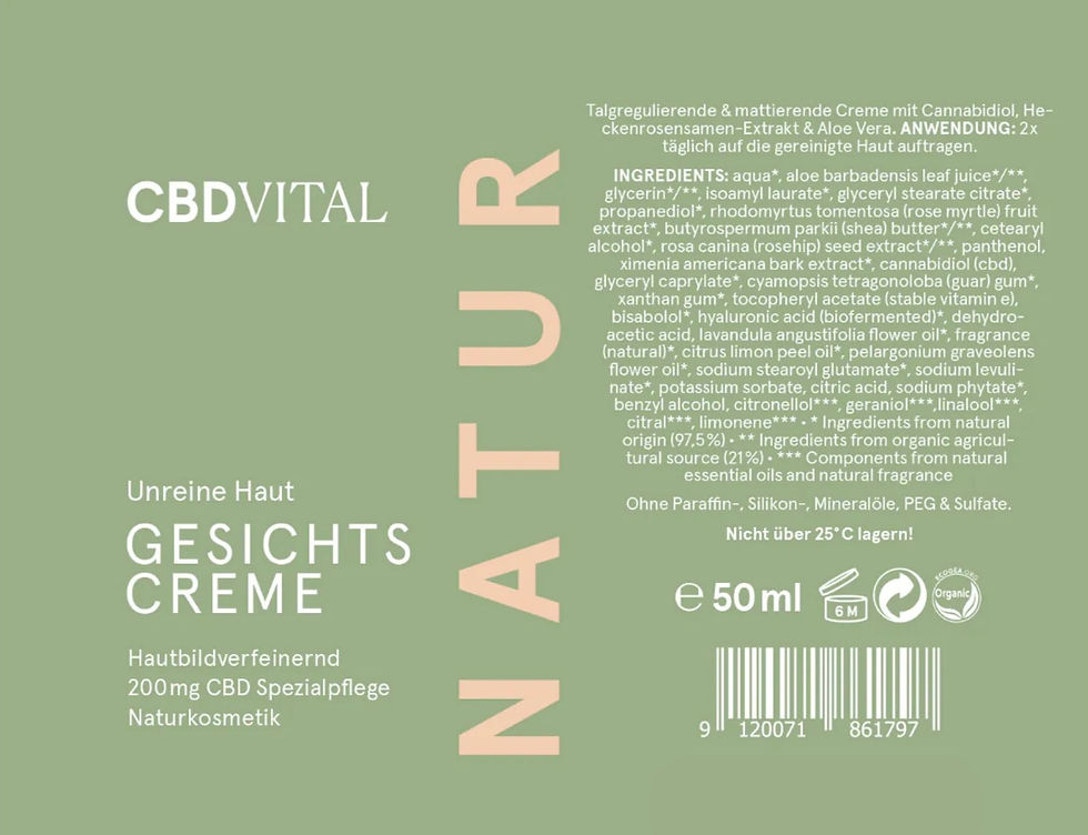CBD Gesichtscreme special - Bei Hautunreinheiten und Akne, Etikett