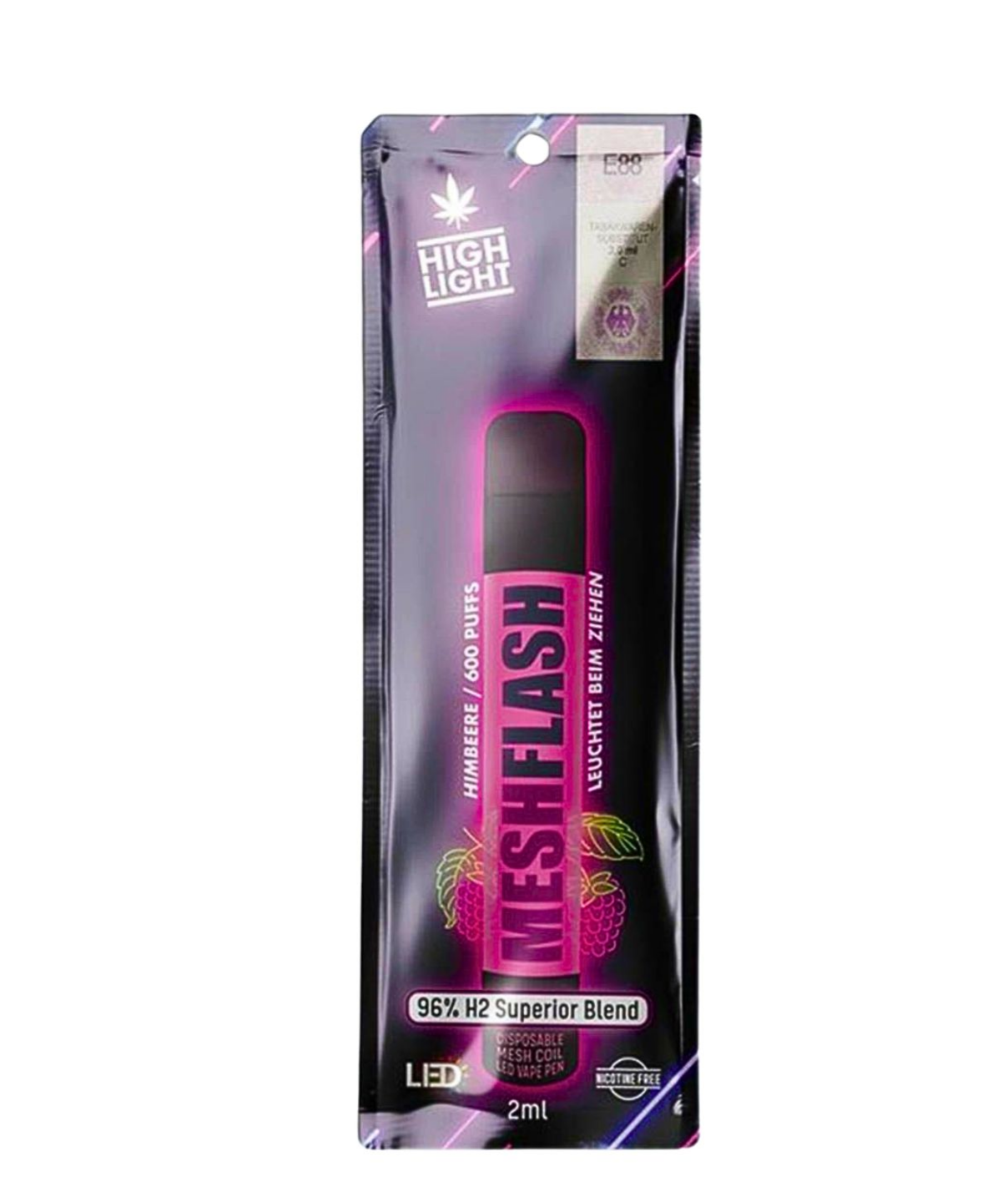 Vapes Mesh Flash Himbeere, LED Vape ohne Nikotin, Unser Kraut