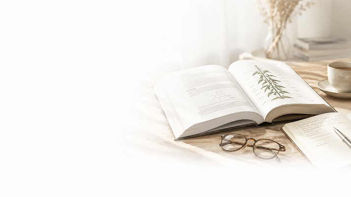 Aufgeschlagenes Fachbuch mit Notizbuch, Brille und Tasse als helles, cleanes Bild für Fachbücher über Hanf, CBD und Cannabinoide von Unser Kraut.