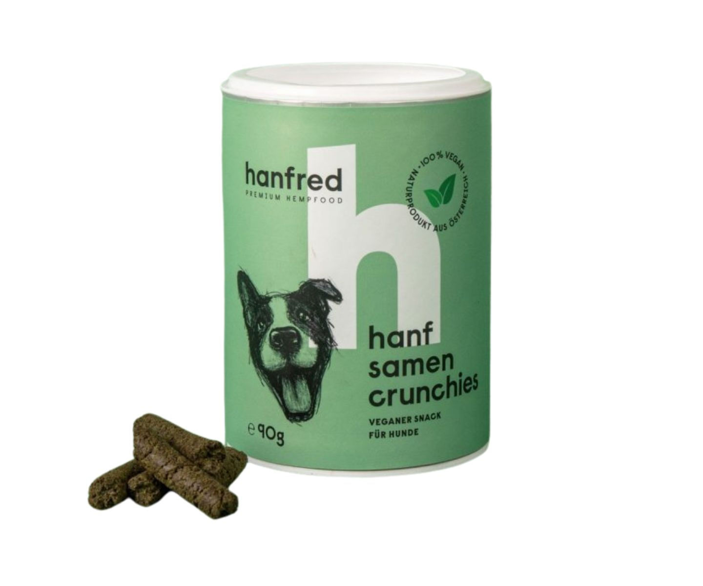 Hanfred Hanfsamen Crunchies – vegane Hundesnacks aus Österreich in der 90g Dose.