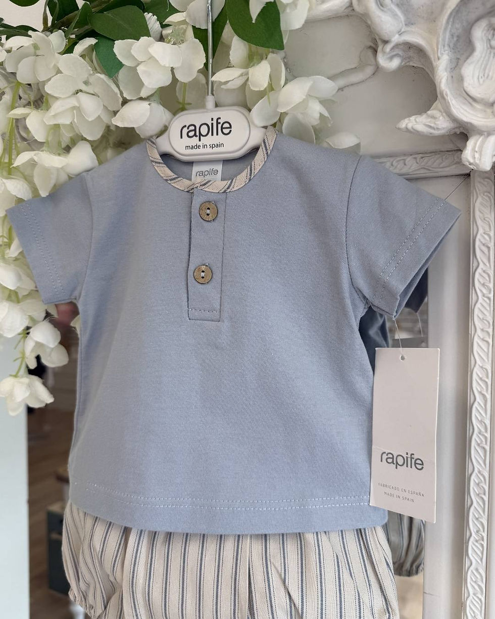 Thumbnail: Rapife Sol baby stripe shorts in blue and beige with a matching blue tee with the stripe neck trim