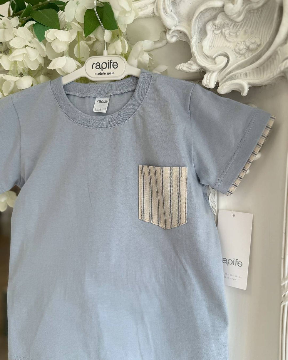 Thumbnail: Rapife sol older boys blue and beige stripe shorts with a blue tee and stripe chest pocket