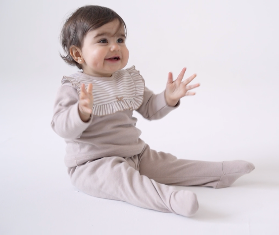 Rapife Taupe Stripe Frill Bib jumper and footed trouser set