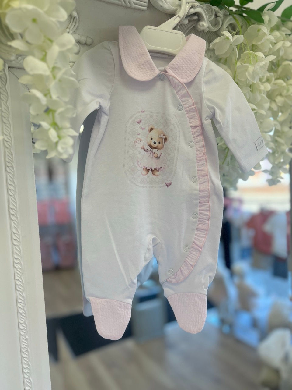 Jamiks white babygrow with teddy & hearts motif and pink frill trim