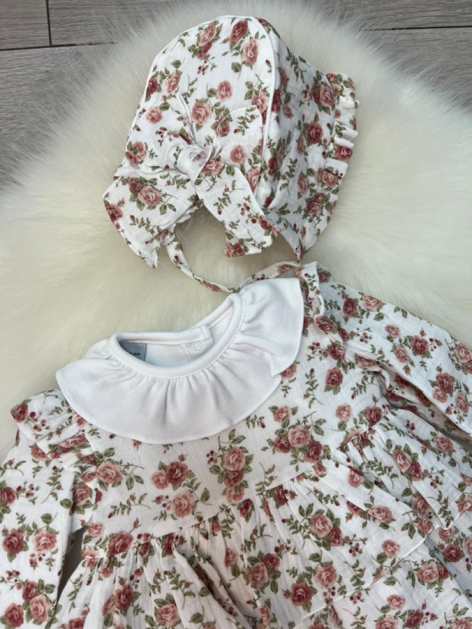 Thumbnail: DBB floral bow back dress with matching knickers and bonnet