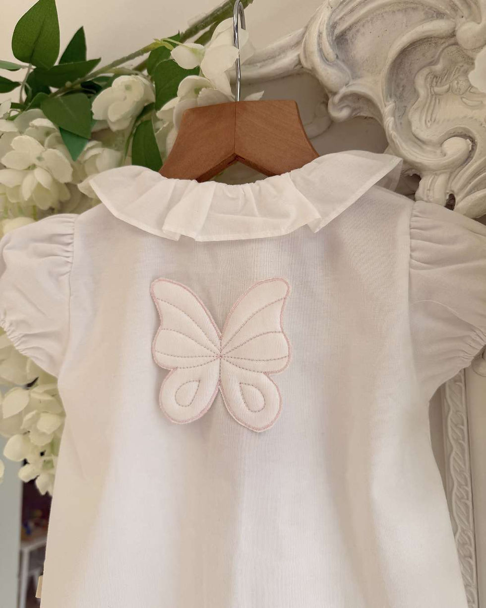 Thumbnail: Baby Gi white bubble romper with Butterly back with pink embroidered trim