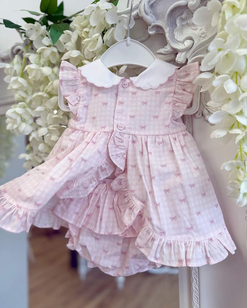 Thumbnail: Deolinda pink bow print dress with swing back and frill bum pants