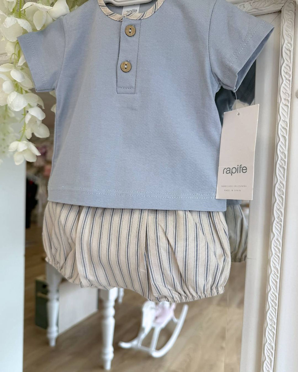 Thumbnail: Rapife Sol baby stripe shorts in blue and beige with a matching blue tee with the stripe neck trim