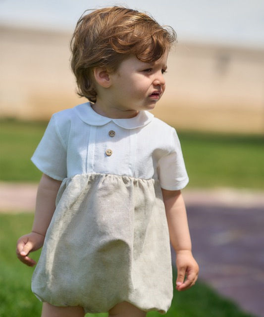 Rapife boys linen blend beige and white romper with a Peter Pan collar