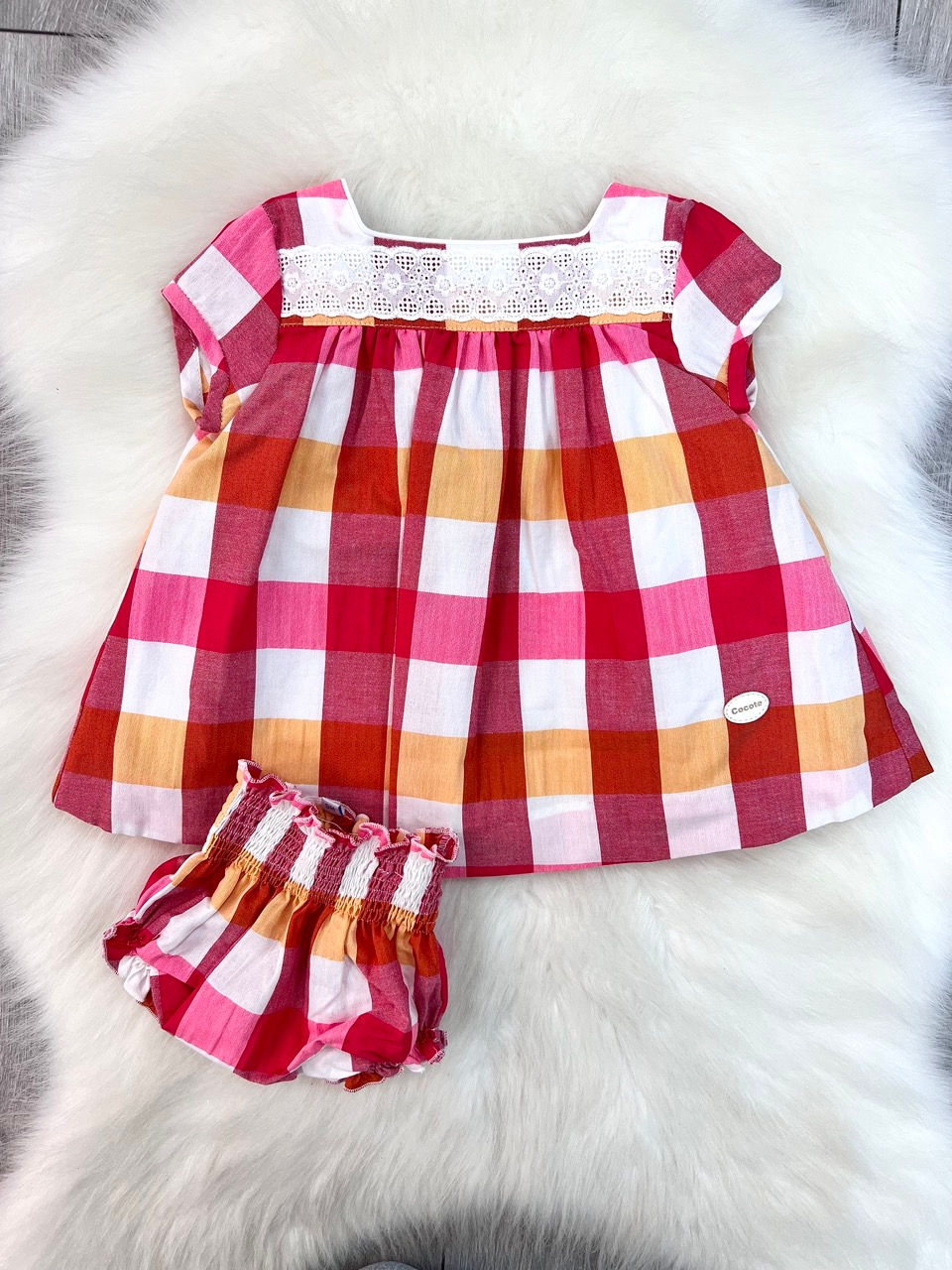 Cocote contrasting gingham dress and pants in pinks, orange and white