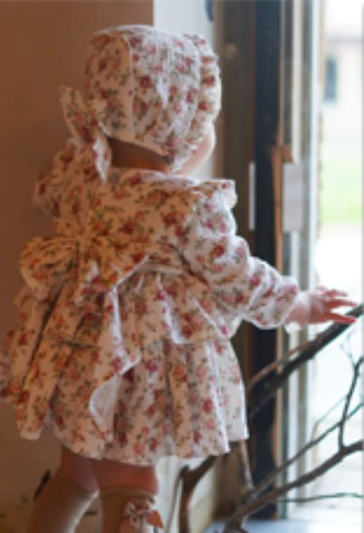DBB floral bow back dress with matching knickers and bonnet