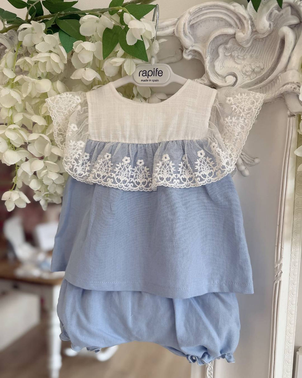 Rapife blue blouse and short with an ivory chest and lace trim